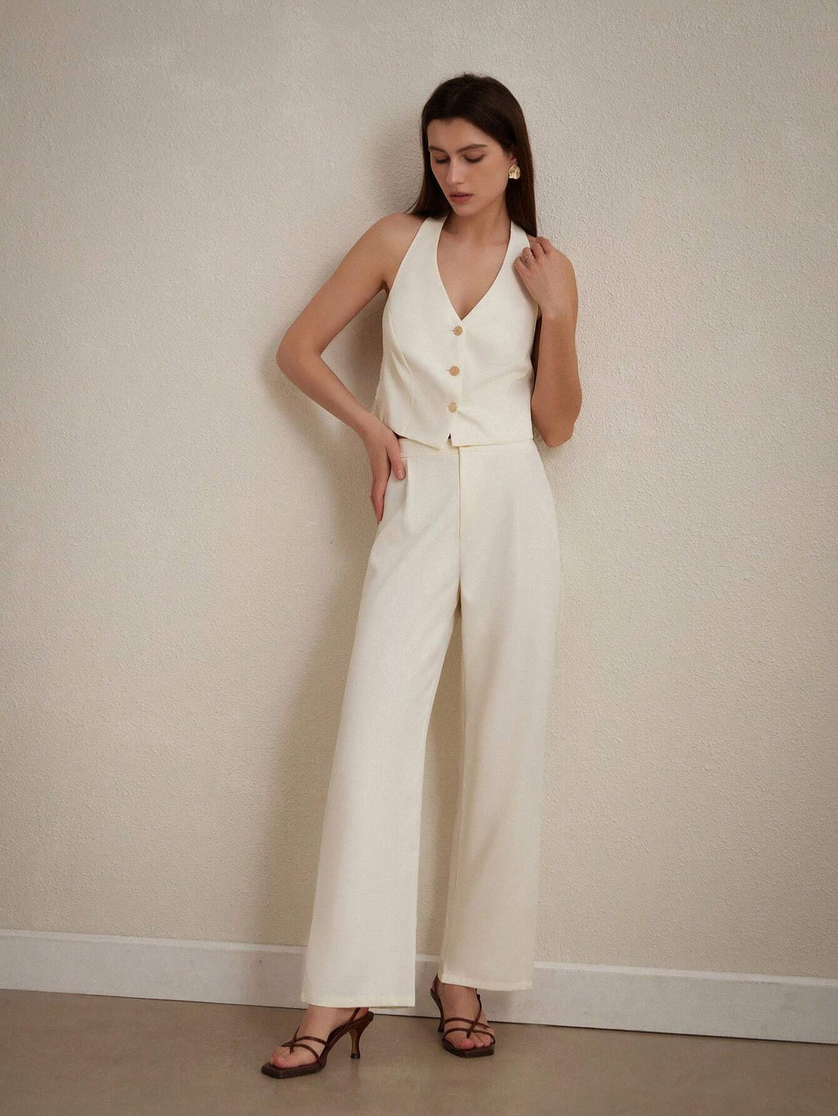 Lace Spliced Backless Spaghetti Strap Tank Top And Long Pants Women's Two Pieces Set With Metal Clasp