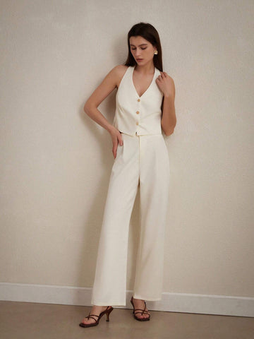 Lace Spliced Backless Spaghetti Strap Tank Top And Long Pants Women's Two Pieces Set With Metal Clasp