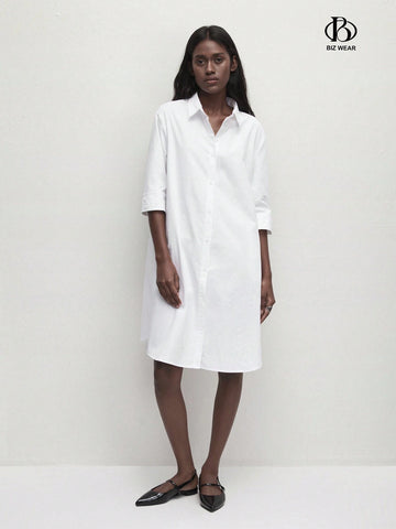 Ladies Casual Solid Color Long Sleeve Shirt Dress