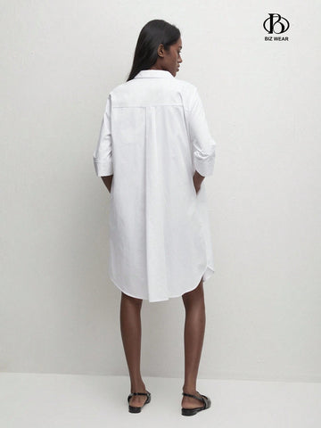 Ladies Casual Solid Color Long Sleeve Shirt Dress