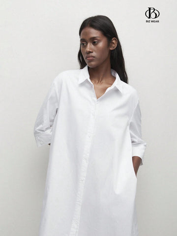 Ladies Casual Solid Color Long Sleeve Shirt Dress