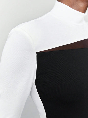 Ladies' Color Block Stand Collar Bodysuit