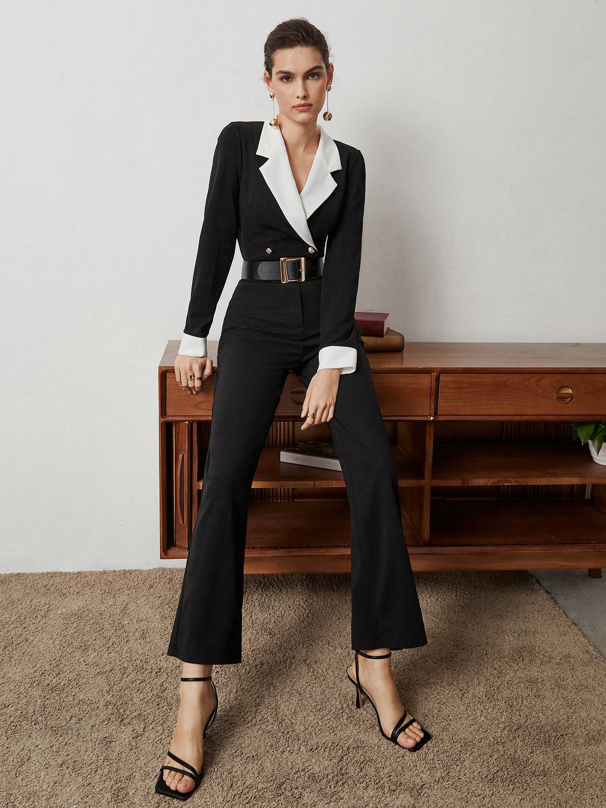 Ladies' Contrast Color Double Breasted Jumpsuit