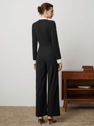 Ladies' Contrast Color Double Breasted Jumpsuit