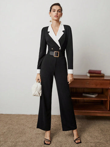 Ladies' Contrast Color Double Breasted Jumpsuit