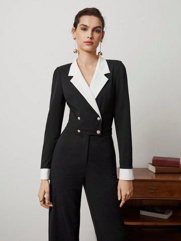 Ladies' Contrast Color Double Breasted Jumpsuit