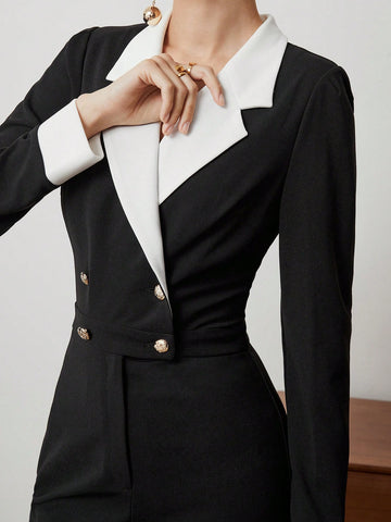 Ladies' Contrast Color Double Breasted Jumpsuit