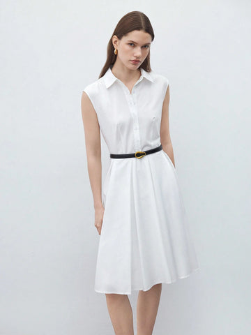 Ladies" Fashionable White Sleeveless Shirt Pleated Dress
