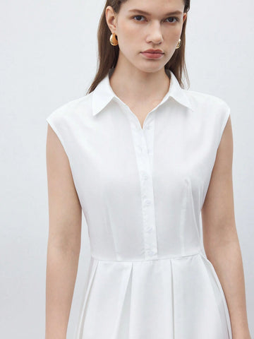 Ladies" Fashionable White Sleeveless Shirt Pleated Dress