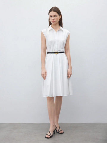 Ladies" Fashionable White Sleeveless Shirt Pleated Dress