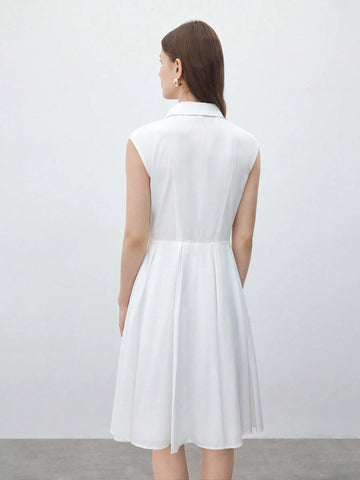 Ladies" Fashionable White Sleeveless Shirt Pleated Dress