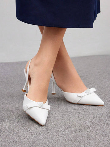 Ladies High-Heeled Beige Pointed-Toe Bow Knot Sandals With Ankle Strap, Casual Style