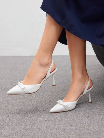 Ladies High-Heeled Beige Pointed-Toe Bow Knot Sandals With Ankle Strap, Casual Style
