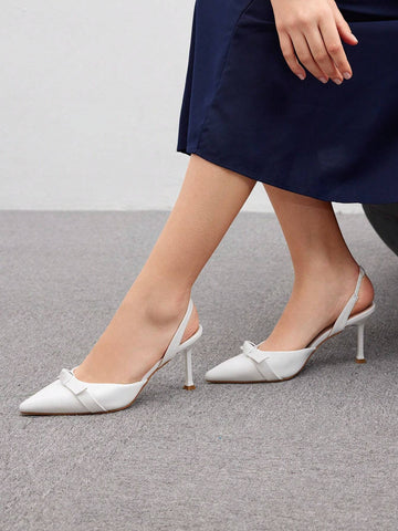 Ladies High-Heeled Beige Pointed-Toe Bow Knot Sandals With Ankle Strap, Casual Style