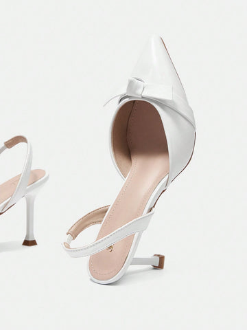 Ladies High-Heeled Beige Pointed-Toe Bow Knot Sandals With Ankle Strap, Casual Style