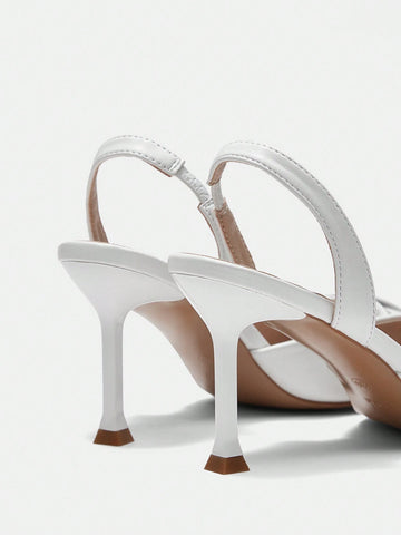 Ladies High-Heeled Beige Pointed-Toe Bow Knot Sandals With Ankle Strap, Casual Style