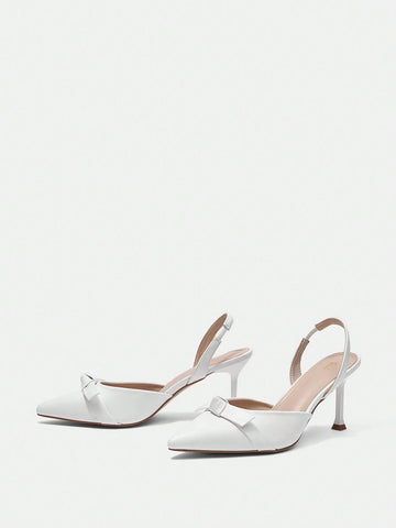 Ladies High-Heeled Beige Pointed-Toe Bow Knot Sandals With Ankle Strap, Casual Style