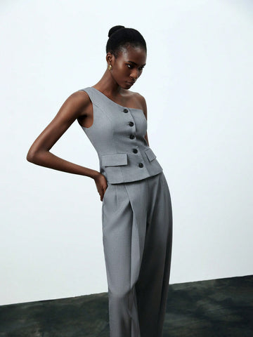Ladies' Single-Breasted Oblique Shoulder Sleeveless Top And Pants Set
