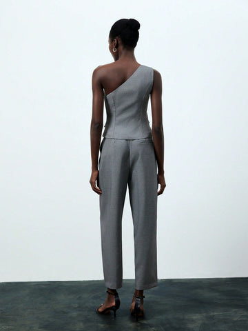 Ladies' Single-Breasted Oblique Shoulder Sleeveless Top And Pants Set