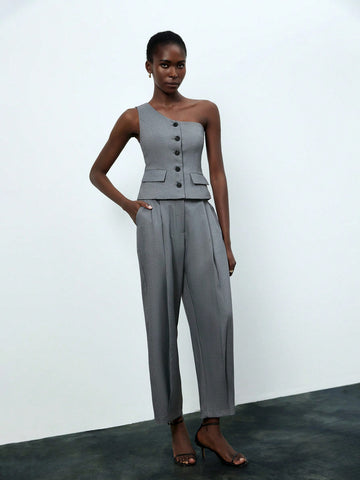Ladies' Single-Breasted Oblique Shoulder Sleeveless Top And Pants Set