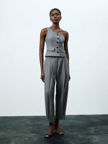 Ladies' Single-Breasted Oblique Shoulder Sleeveless Top And Pants Set