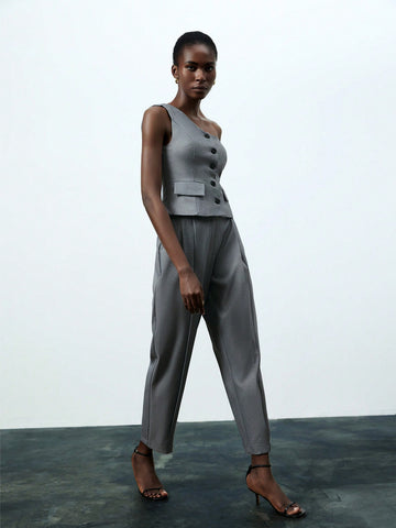 Ladies' Single-Breasted Oblique Shoulder Sleeveless Top And Pants Set