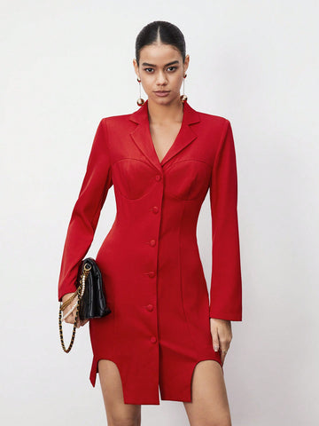 BIZwear Ladies' Solid Color Asymmetrical Hem Collar Dress