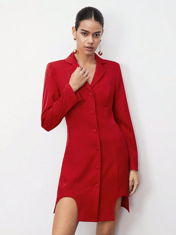 BIZwear Ladies' Solid Color Asymmetrical Hem Collar Dress