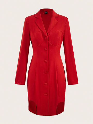 BIZwear Ladies' Solid Color Asymmetrical Hem Collar Dress