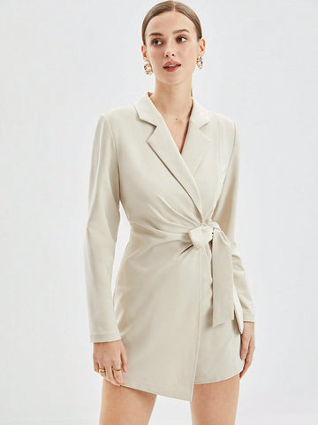 Ladies' Solid Color Lapel Wrap Tie Waist Jumpsuit