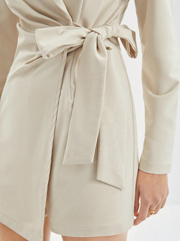 Ladies' Solid Color Lapel Wrap Tie Waist Jumpsuit