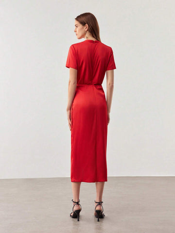 Ladies' Solid Color Overlap Wrap Casual Holiday Summer Dress