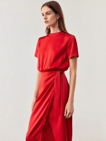 Ladies' Solid Color Overlap Wrap Casual Holiday Summer Dress