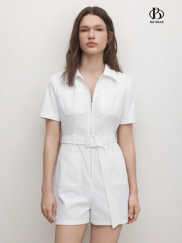 Ladies Solid Color Short Sleeve Jumpsuit With Zipper For Summer