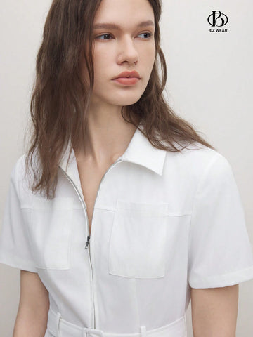 Ladies Solid Color Short Sleeve Jumpsuit With Zipper For Summer