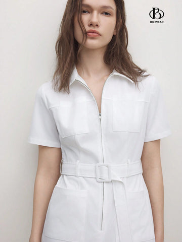 Ladies Solid Color Short Sleeve Jumpsuit With Zipper For Summer