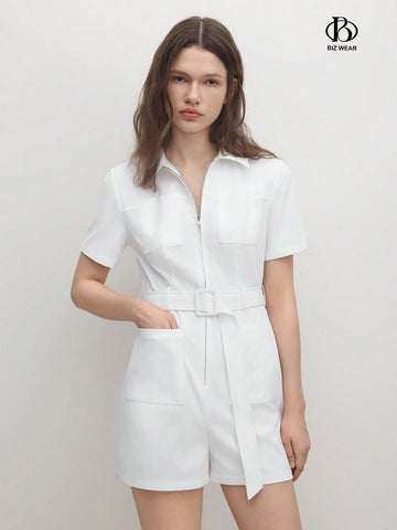 Ladies Solid Color Short Sleeve Jumpsuit With Zipper For Summer