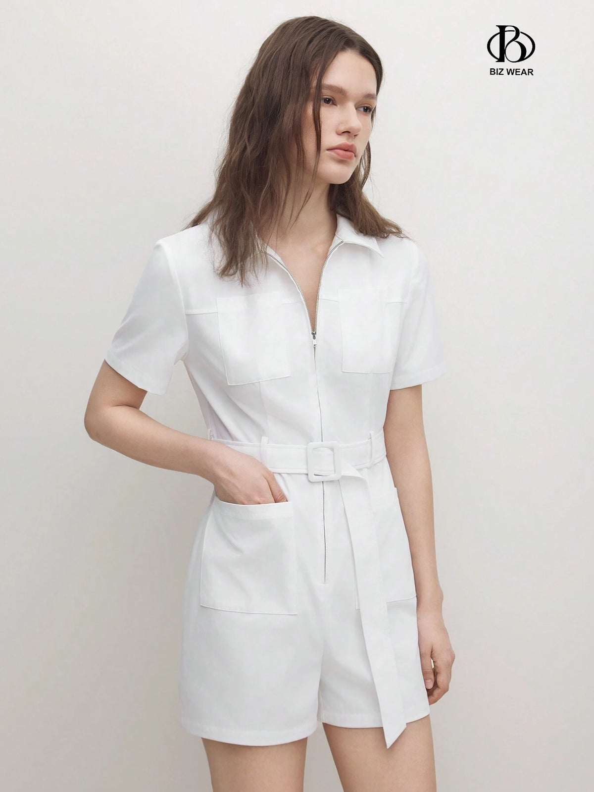 Ladies Solid Color Short Sleeve Jumpsuit With Zipper For Summer