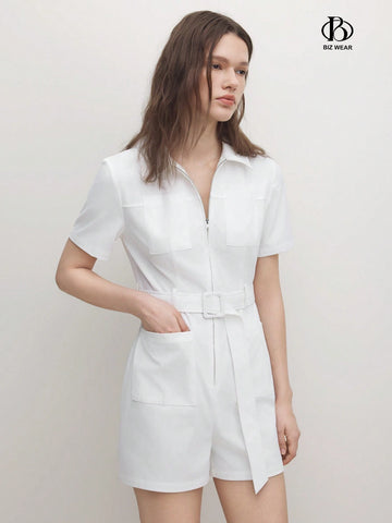 Ladies Solid Color Short Sleeve Jumpsuit With Zipper For Summer