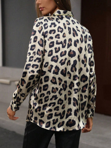 BIZwear Large Lapel Collar, Random Leopard Print With Gold Thread Long Sleeve Blouse