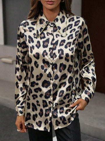 BIZwear Large Lapel Collar, Random Leopard Print With Gold Thread Long Sleeve Blouse