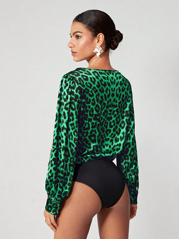 Leopard Print Draped Collar Lantern Sleeve Bodysuit