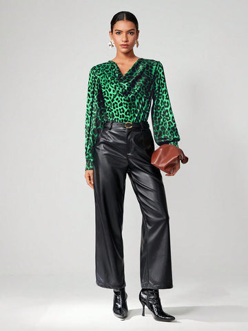 Leopard Print Draped Collar Lantern Sleeve Bodysuit