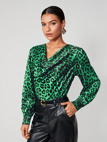 Leopard Print Draped Collar Lantern Sleeve Bodysuit