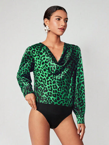Leopard Print Draped Collar Lantern Sleeve Bodysuit