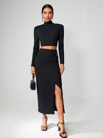 Mock Neck Crop Tee & Button Detail Wrap Skirt