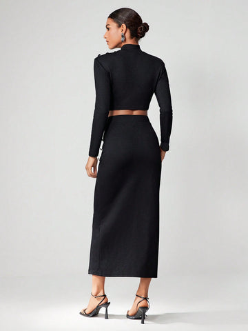 Mock Neck Crop Tee & Button Detail Wrap Skirt