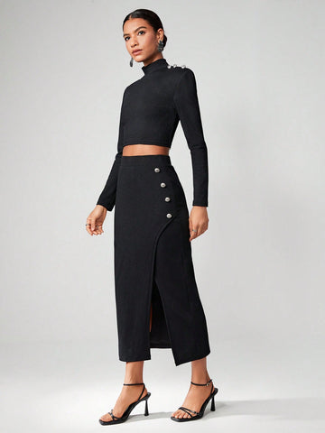 Mock Neck Crop Tee & Button Detail Wrap Skirt
