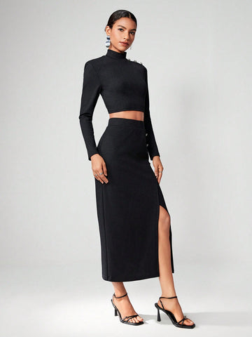 Mock Neck Crop Tee & Button Detail Wrap Skirt