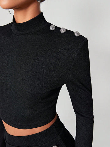 Mock Neck Crop Tee & Button Detail Wrap Skirt